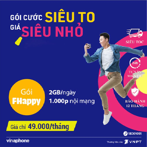 Gói cước sim Vinaphone FHAPPY miễn phí cả năm với 720GB tốc độ cao và 1200 phút gọi